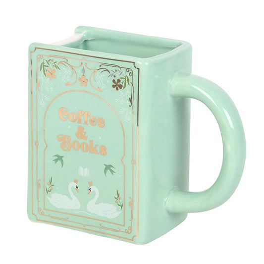 Green Ceramic Book Mug – 450ml | “Coffee and Books” Literary Gift