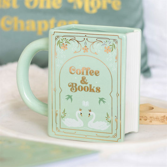 Green Ceramic Book Mug – 450ml | “Coffee and Books” Literary Gift