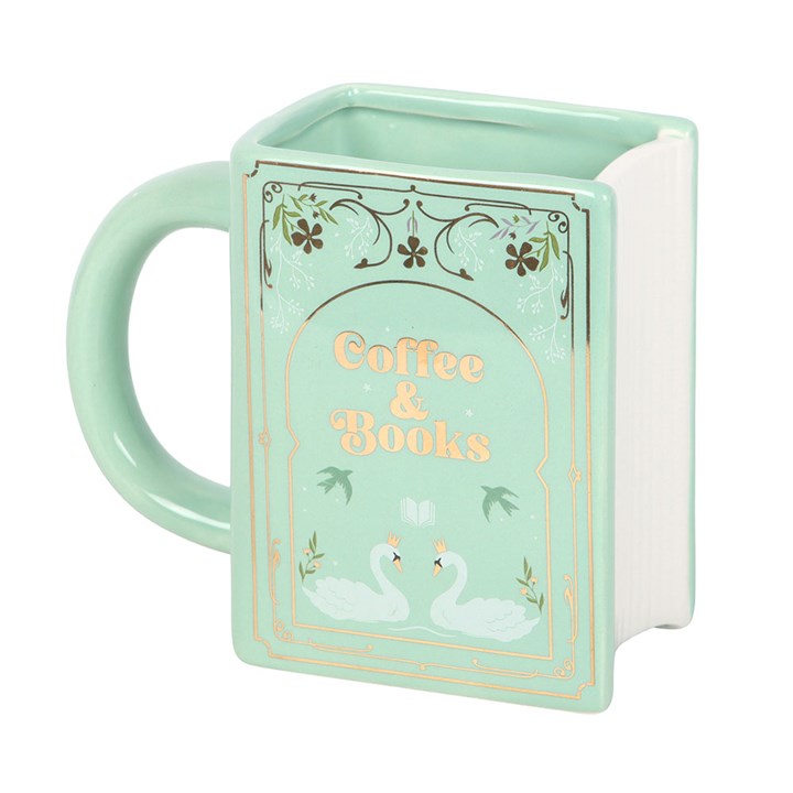 Green Ceramic Book Mug – 450ml | “Coffee and Books” Literary Gift